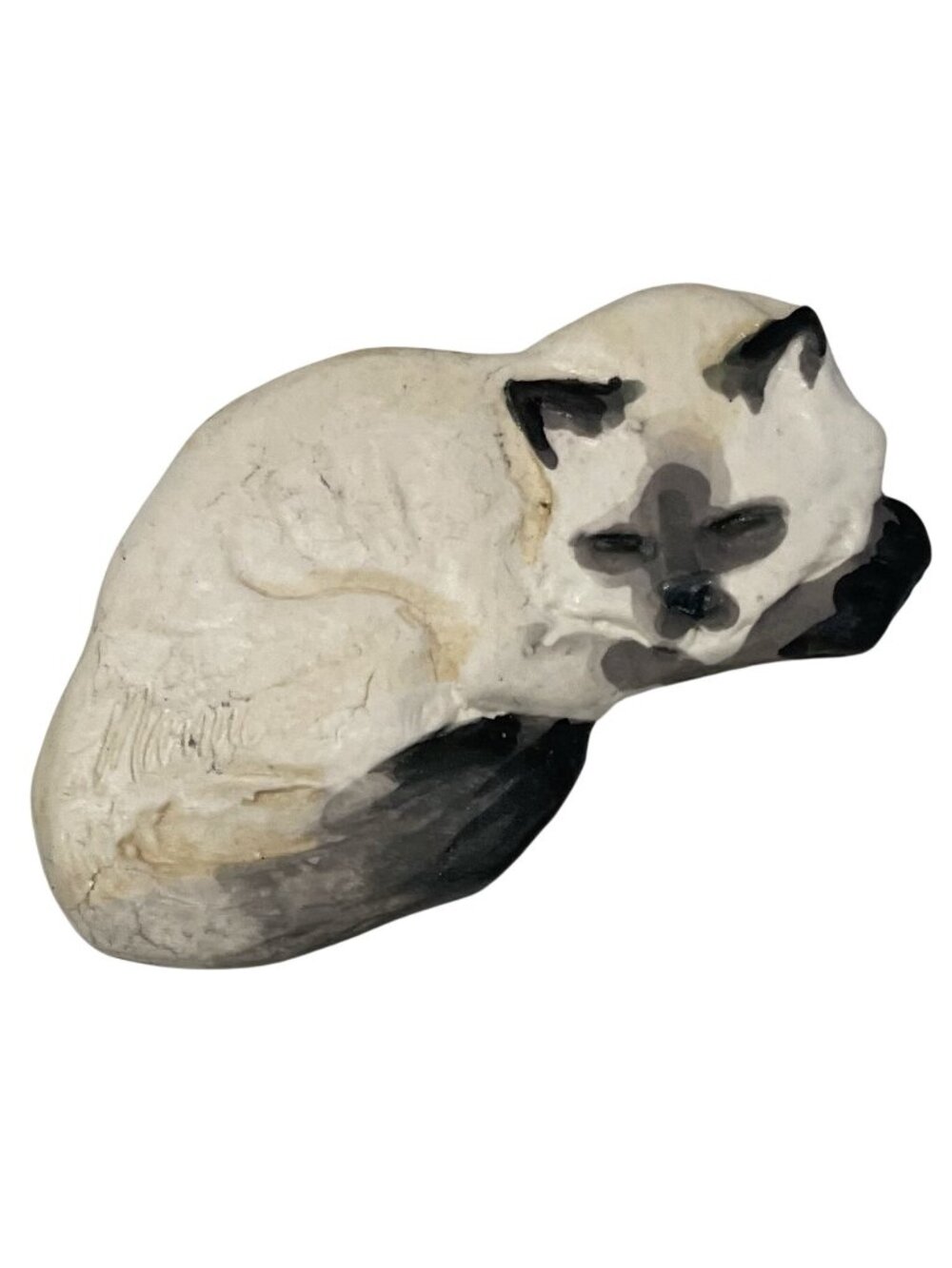 Vintage Hand Painted Sleeping Ragdoll Cat Porcelain Pin Brooch Cream Gray 90s